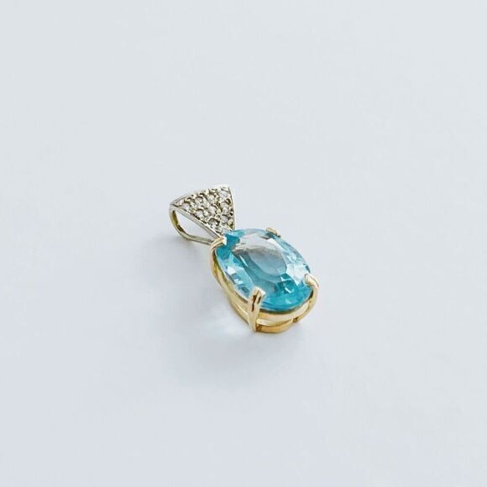 14kt Gold Oval Natural Sky BlueTopaz & Diamond Pendant​